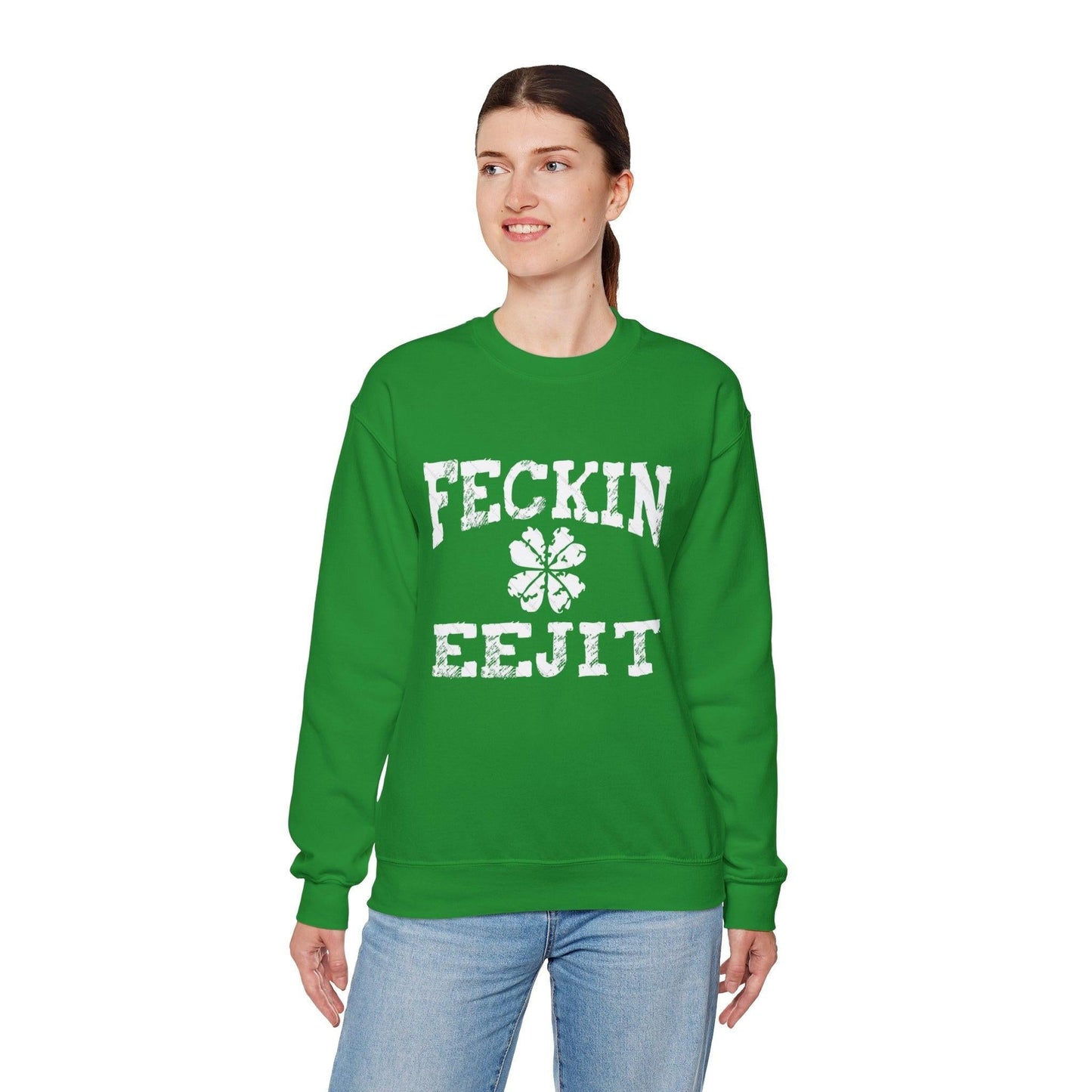 St Patricks Day Feckin Eejit Sweatshirt, Funny Irish Shamrock Jumper, Green Lucky Charm Pullover, Holiday Unisex Crewneck Top, Gift for