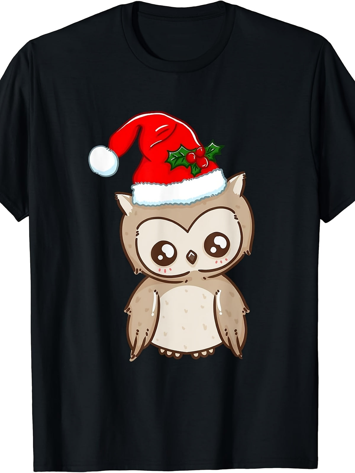 Cute Cartoon Style, Men'S And Women'S T-Shirt, Adorable Owl Wearing Santa Hat with Holly Berries, Christmas Holiday Season
