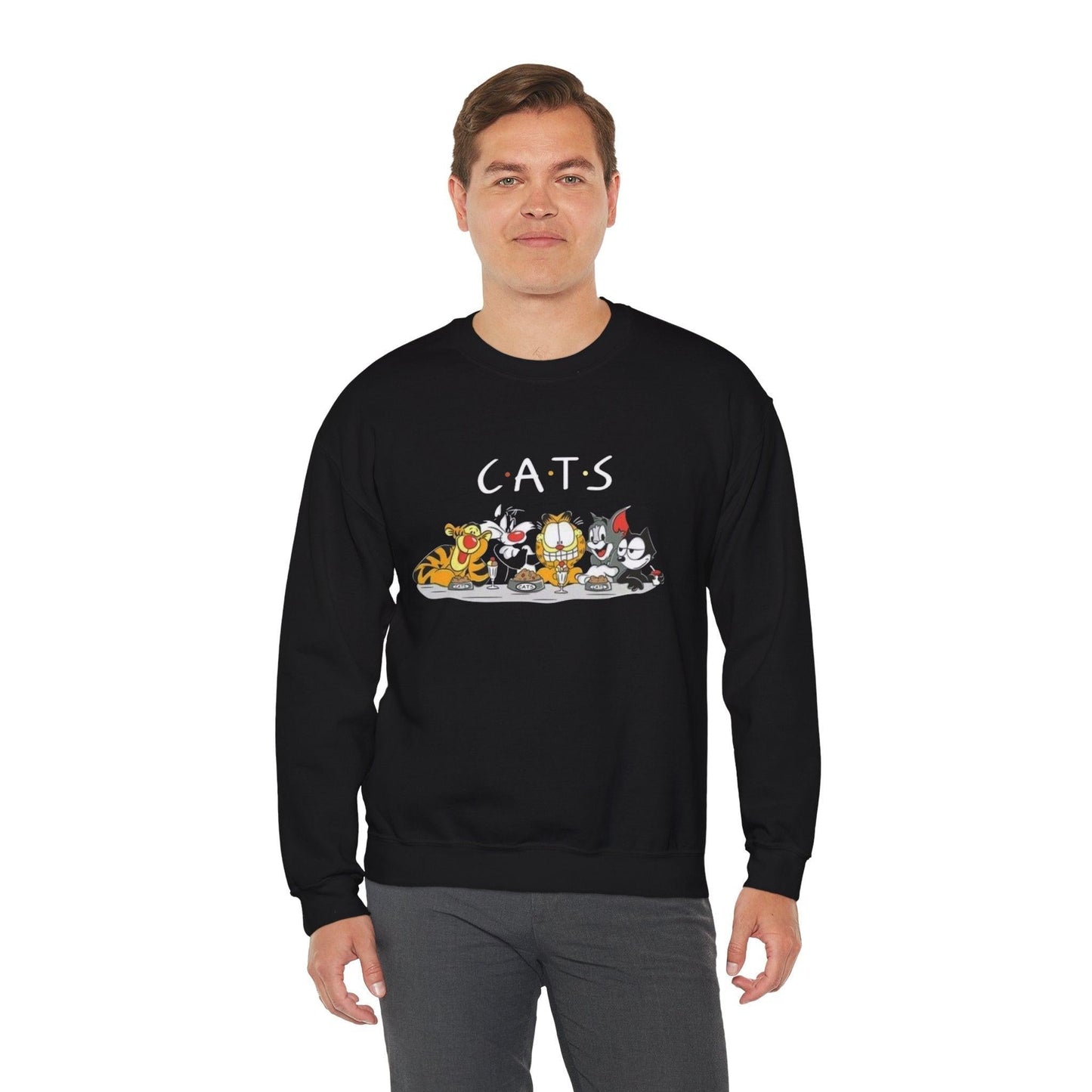 Cat Friends Crewneck Sweatshirt, Funny TV Parody Cartoon Jumper, Cute Cat Lover Gift, Novelty Animal Graphic Pullover, Cozy Winter Sweater
