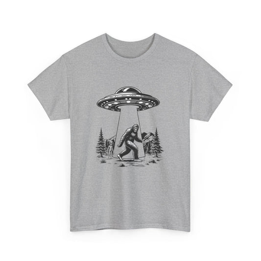 Alien and Big Foot Unisex T-shirt, Sci-Fi Graphic Tee, UFO Lover Shirt, Mythical Creature Top, Extraterrestrial Apparel