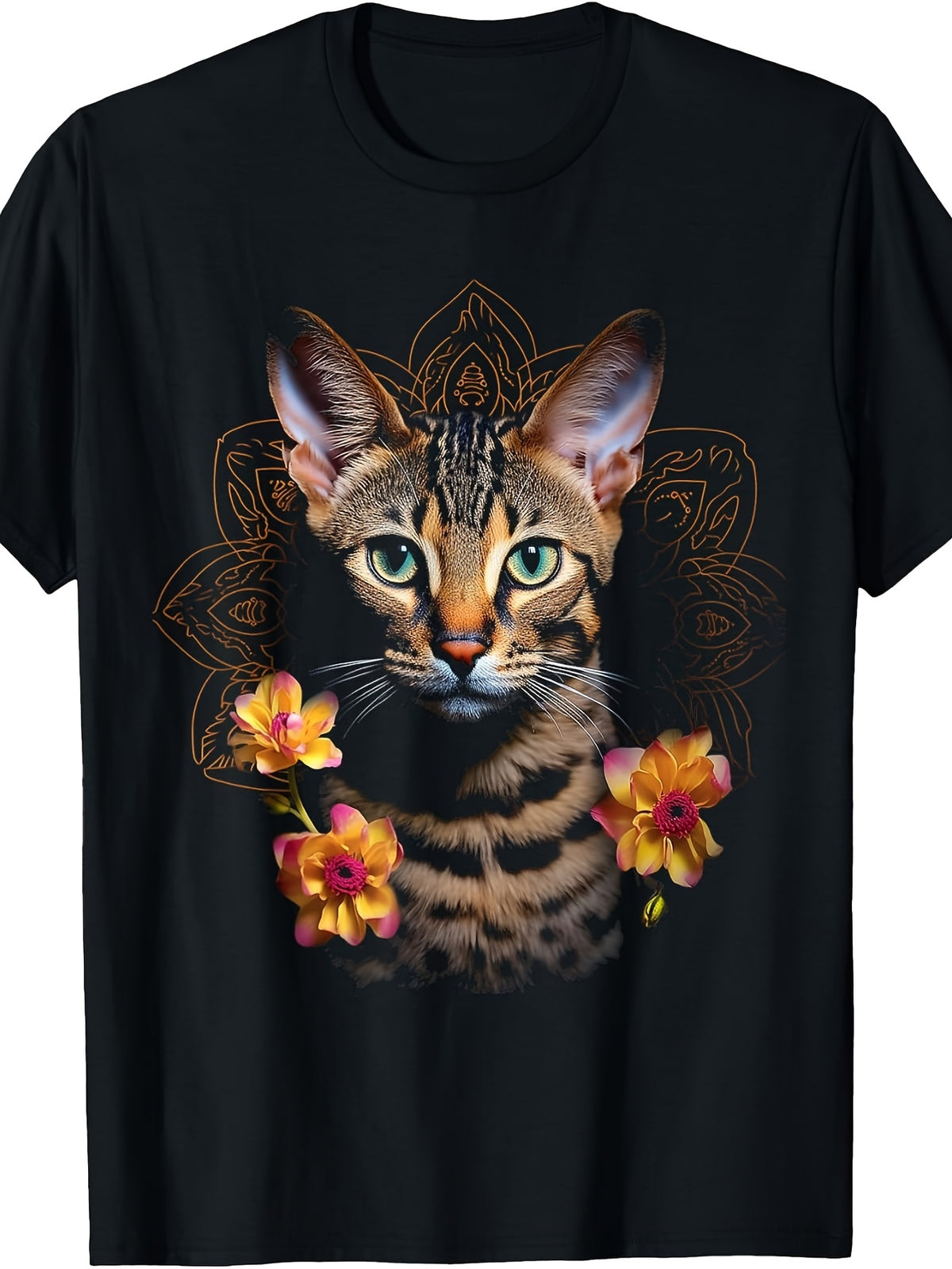 Mandala Art Style, Men'S And Women'S T-Shirt, Bengal Cat with Flowers And Golden Mandala Pattern, Casual Daily Wear Spring Summer