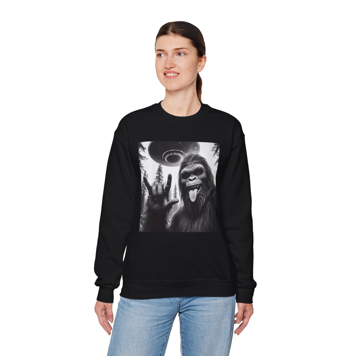 Big Foot UFO Selfie Sweatshirt, Funny Sasquatch Crewneck Jumper, Novelty Selfie Apparel, Gift for Cryptid Lovers