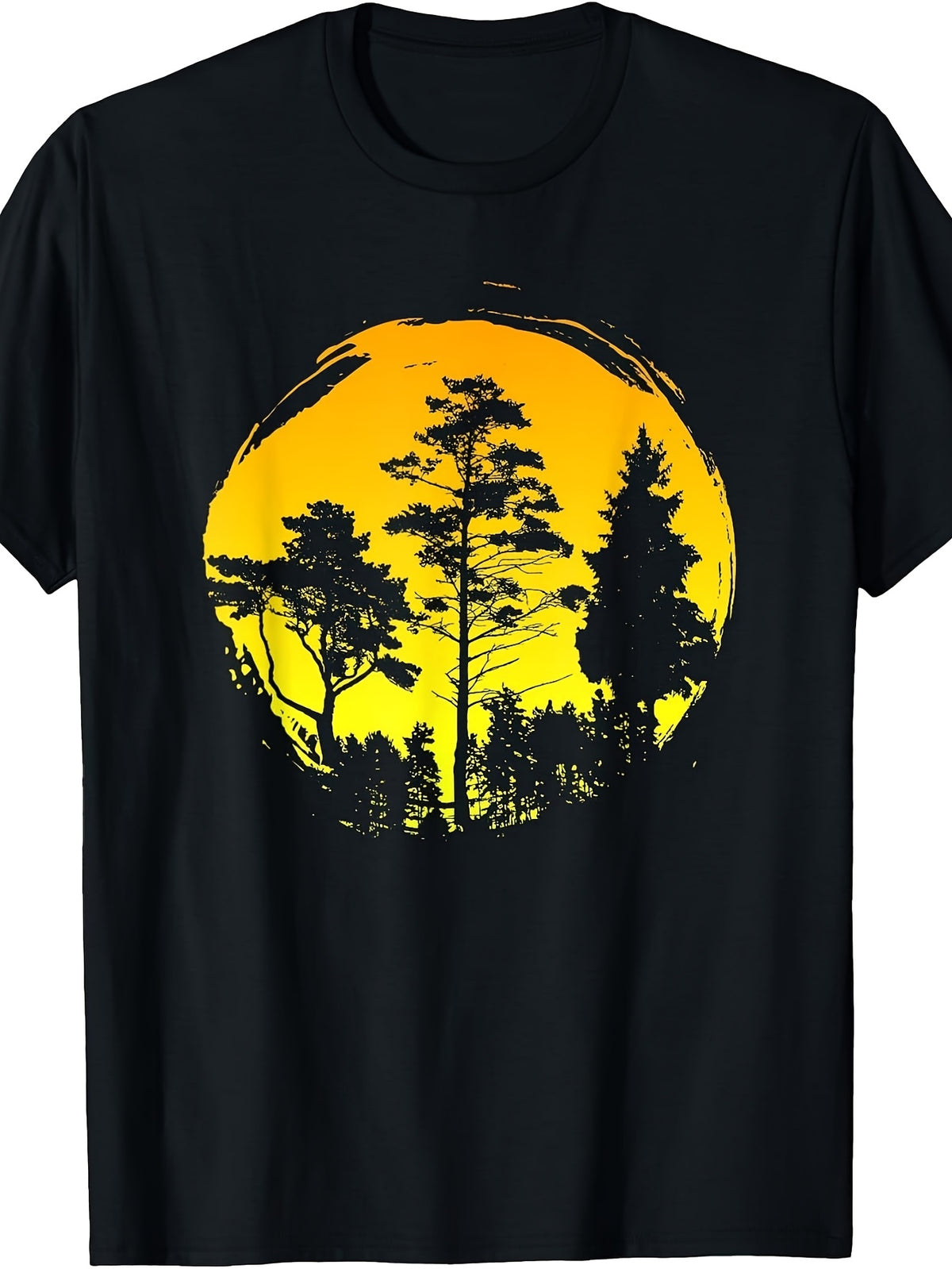 Retro Sunset Forest T-Shirt with Yellow Moon Graphic - Crew Neck Casual Tee Suitable for - Wear, Machine Washable Digital Print, Regular Fit for Outdoor & Everyday Use - Apparel