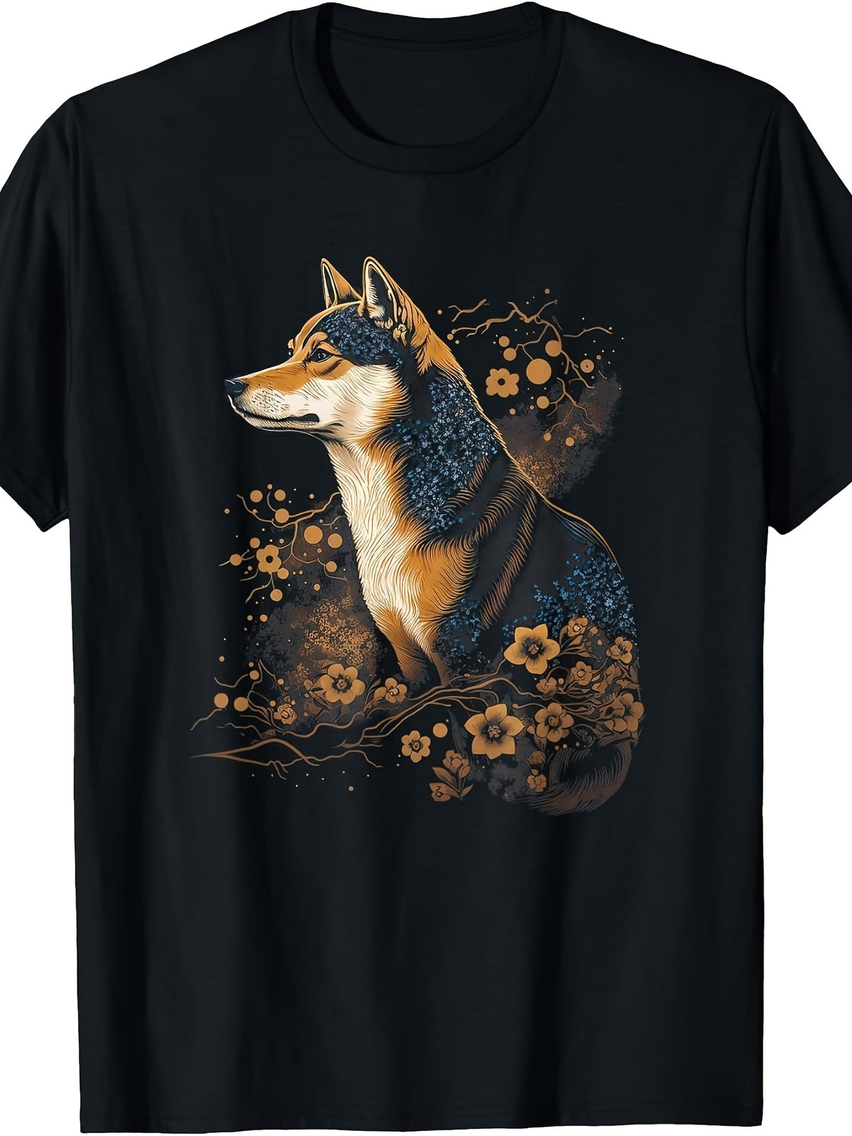 Artistic, Floral Wolf Graphic, T-Shirt, Golden Blue Botanical, Crew Neck, Casual Wear