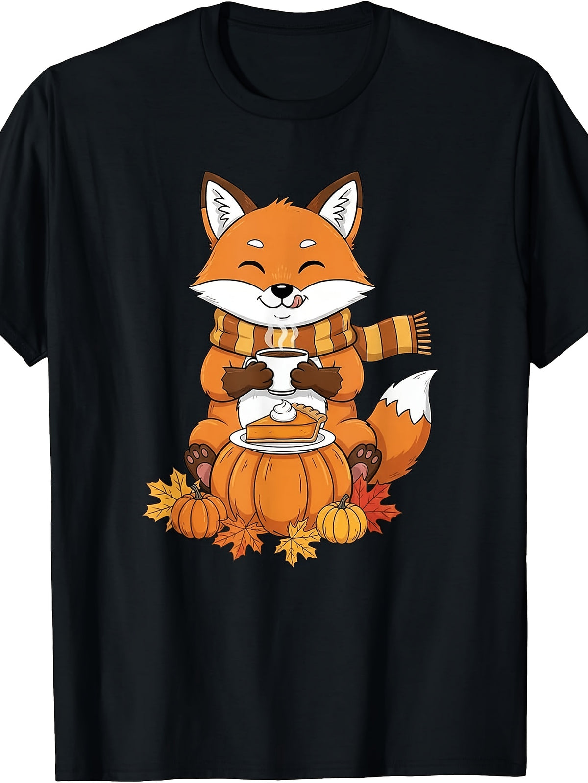 Cute Cartoon Style, Men's And Women's T-Shirt, Fox with Pumpkin Pie And Hot Drink Autumn Leaves Design, Fall Season Thanksgiving Party Casual Wear