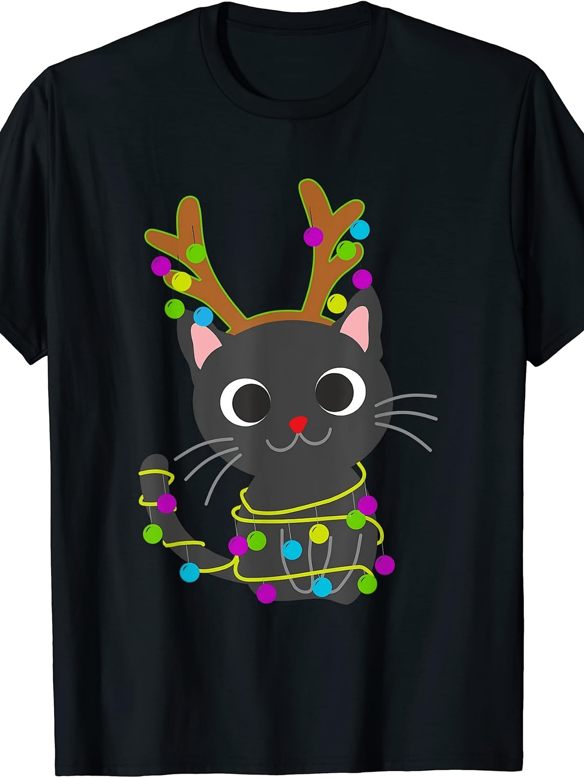 Cute, Men'S And Women'S T-Shirt, Black Cat with Reindeer Antlers And Christmas Lights, Holiday Season Christmas Party