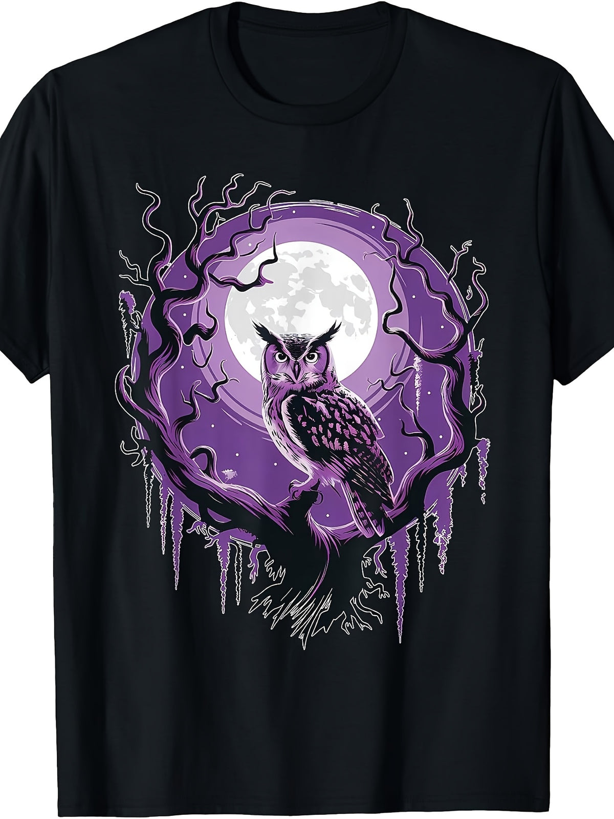 Gothic, Purple Moon Owl Graphic T-Shirt, Mystical Tree Design, Crew Neck, Halloween Wear