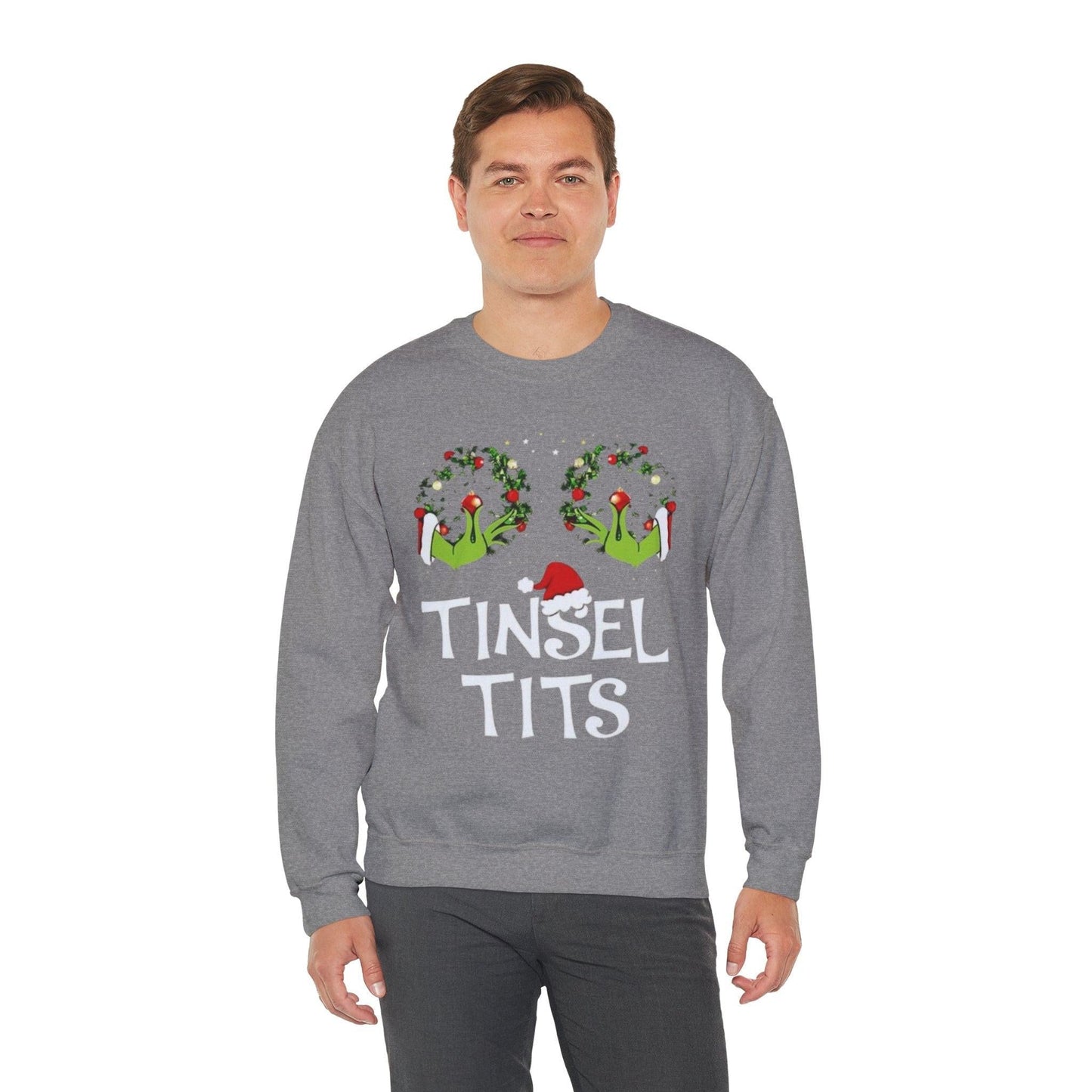 Grinch Hands Tinsel Tits Sweatshirt | Funny Christmas Holiday Sweater