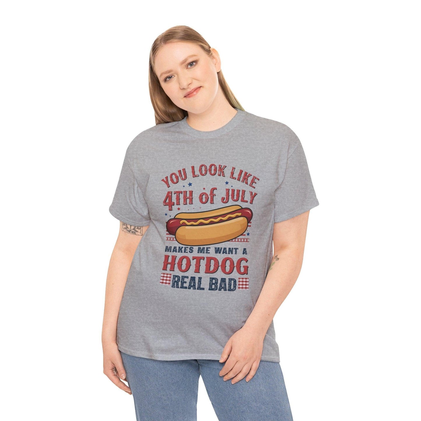 American Flag 4th of July Hotdog Unisex Heavy Cotton Tee - Patriotic Independence Day Shirt, BBQ Graphic Tshirt, USA July Fourth Apparel,