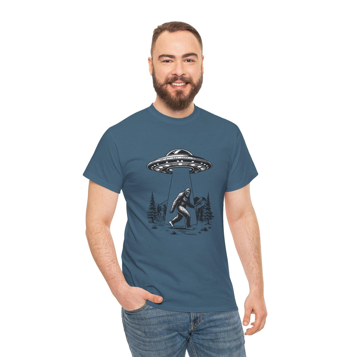Alien and Big Foot Unisex T-shirt, Sci-Fi Graphic Tee, UFO Lover Shirt, Mythical Creature Top, Extraterrestrial Apparel