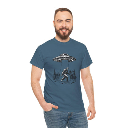 Alien and Big Foot Unisex T-shirt, Sci-Fi Graphic Tee, UFO Lover Shirt, Mythical Creature Top, Extraterrestrial Apparel