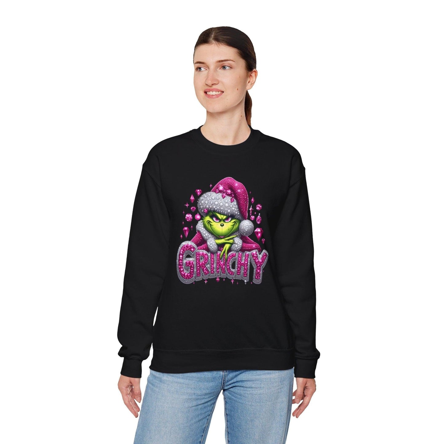 Pink Rhinestone Grinchy Sweatshirt, Holiday Crewneck Jumper, Christmas Sweater,