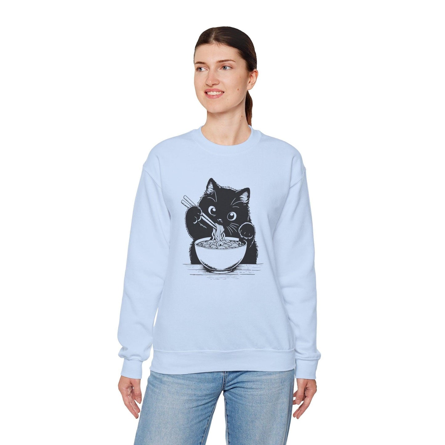 Cute Cat Eating Ramen Sweatshirt, Funny Cat Lover Gift, Cozy Jumper, Kawaii Pullover, Cat Lady Sweatshirt, Japanese Noodle Lover