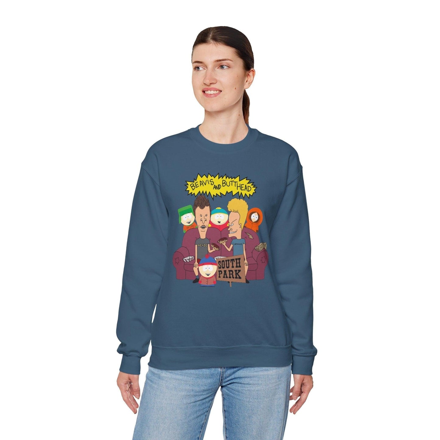 TV Show Mashup Unisex Sweatshirt, Beavis and Butthead meets South Park, Funny Cartoon Crewneck Jumper, Pop Culture Pullover, Retro 90s