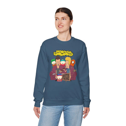 TV Show Mashup Unisex Sweatshirt, Beavis and Butthead meets South Park, Funny Cartoon Crewneck Jumper, Pop Culture Pullover, Retro 90s