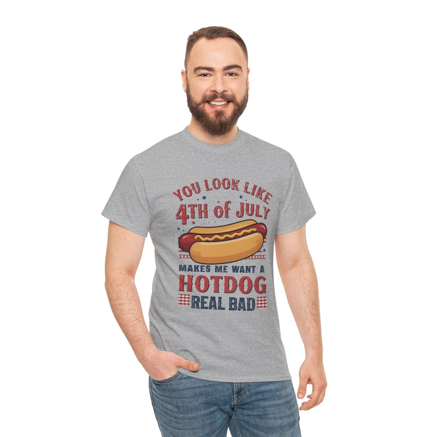 American Flag 4th of July Hotdog Unisex Heavy Cotton Tee - Patriotic Independence Day Shirt, BBQ Graphic Tshirt, USA July Fourth Apparel,