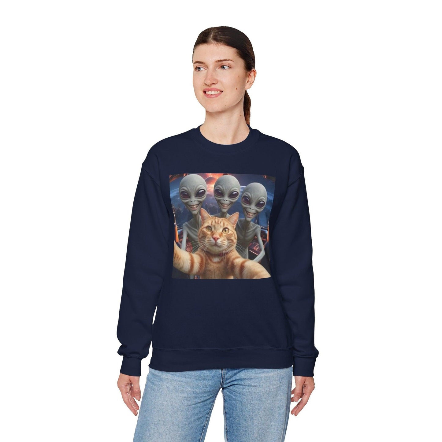 Cat Selfie Space Ship Crewneck Sweatshirt, Funny Cat Lover Gift, Galaxy Cat Graphic Jumper, Cat in Space Shirt, Cat Owner Apparel, Grey Cat