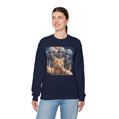 Cat Selfie Space Ship Crewneck Sweatshirt, Funny Cat Lover Gift, Galaxy Cat Graphic Jumper, Cat in Space Shirt, Cat Owner Apparel, Grey Cat