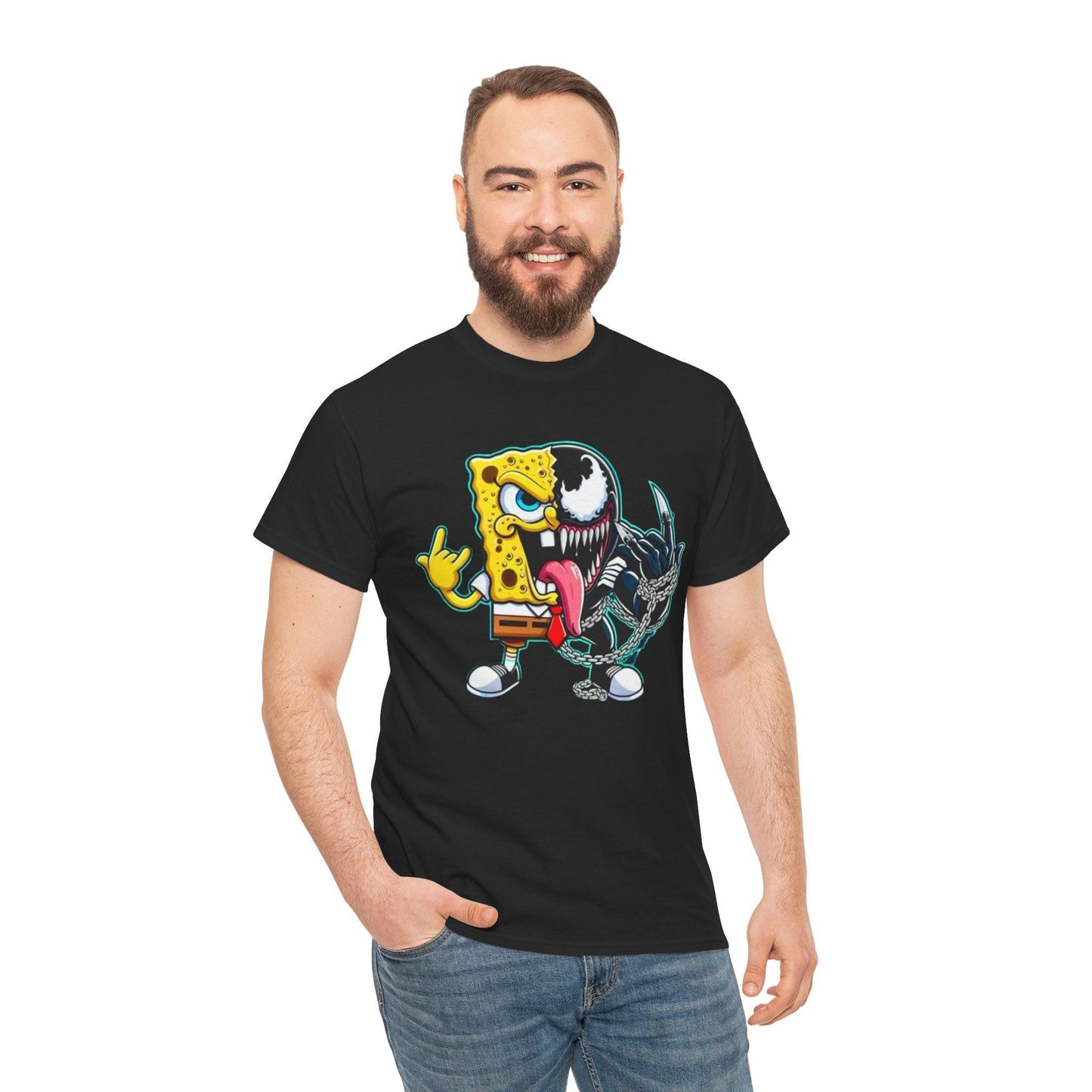 Sponge-Venom Graphic Tee, Cool Graphic T-Shirt, Unisex Cotton Tee, Cartoon Mashup Shirt, Fun Gift for Teens, Unique Apparel