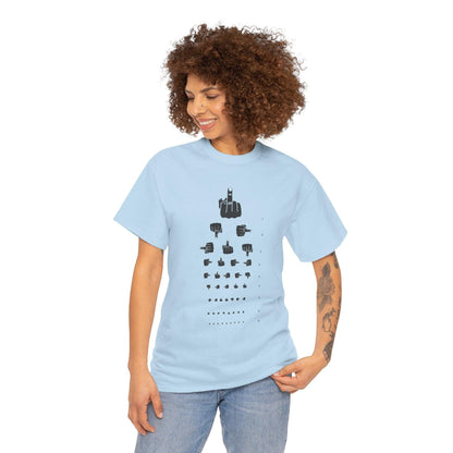 Funny Hand Gesture Eye Chart T-Shirt, Unisex Graphic Tee, Humorous Sight Test Shirt, Sarcastic Vision Exam Top, Hilarious Optometrist Gift