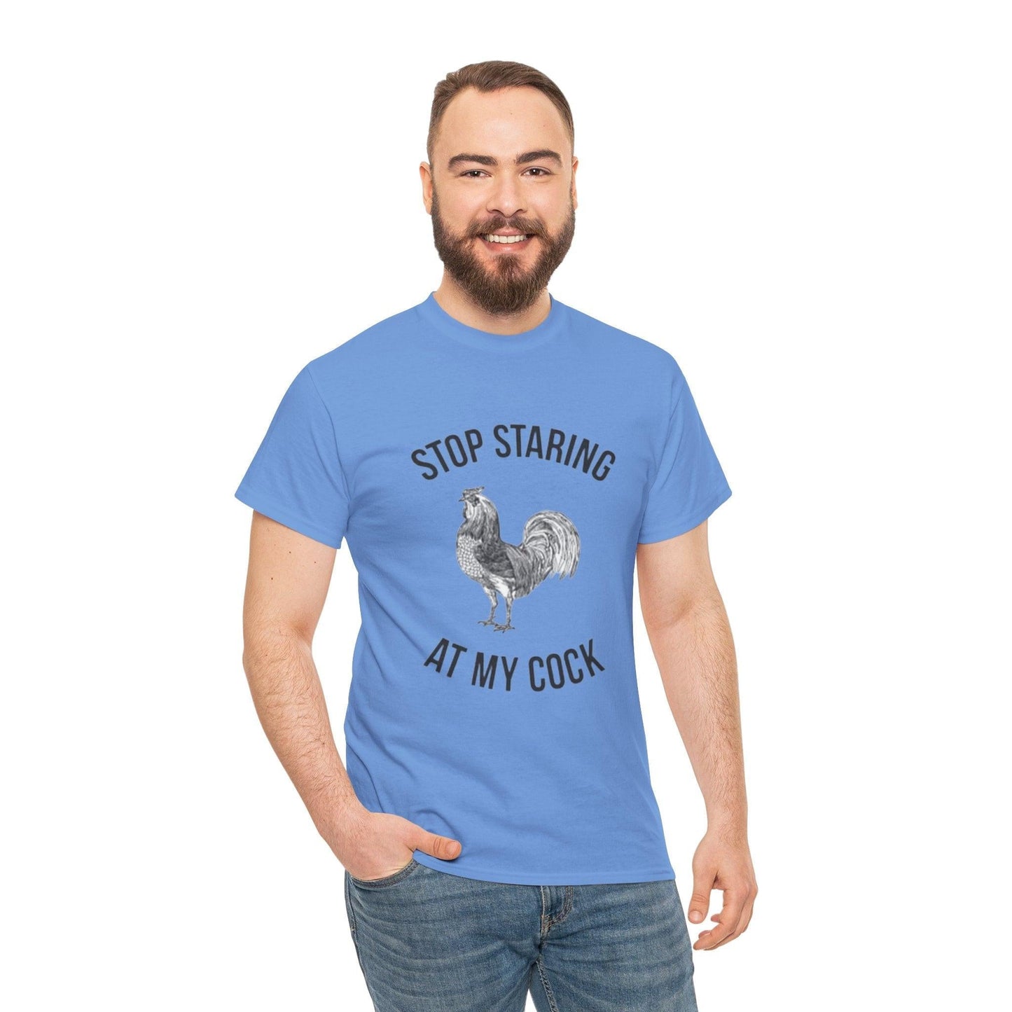 Humorous Unisex Heavy Cotton Tee - "Stop Staring at My Cock" - Fun Gift, Casual Wear, Unique T-Shirt, Gag Gift, Farm Life Apparel