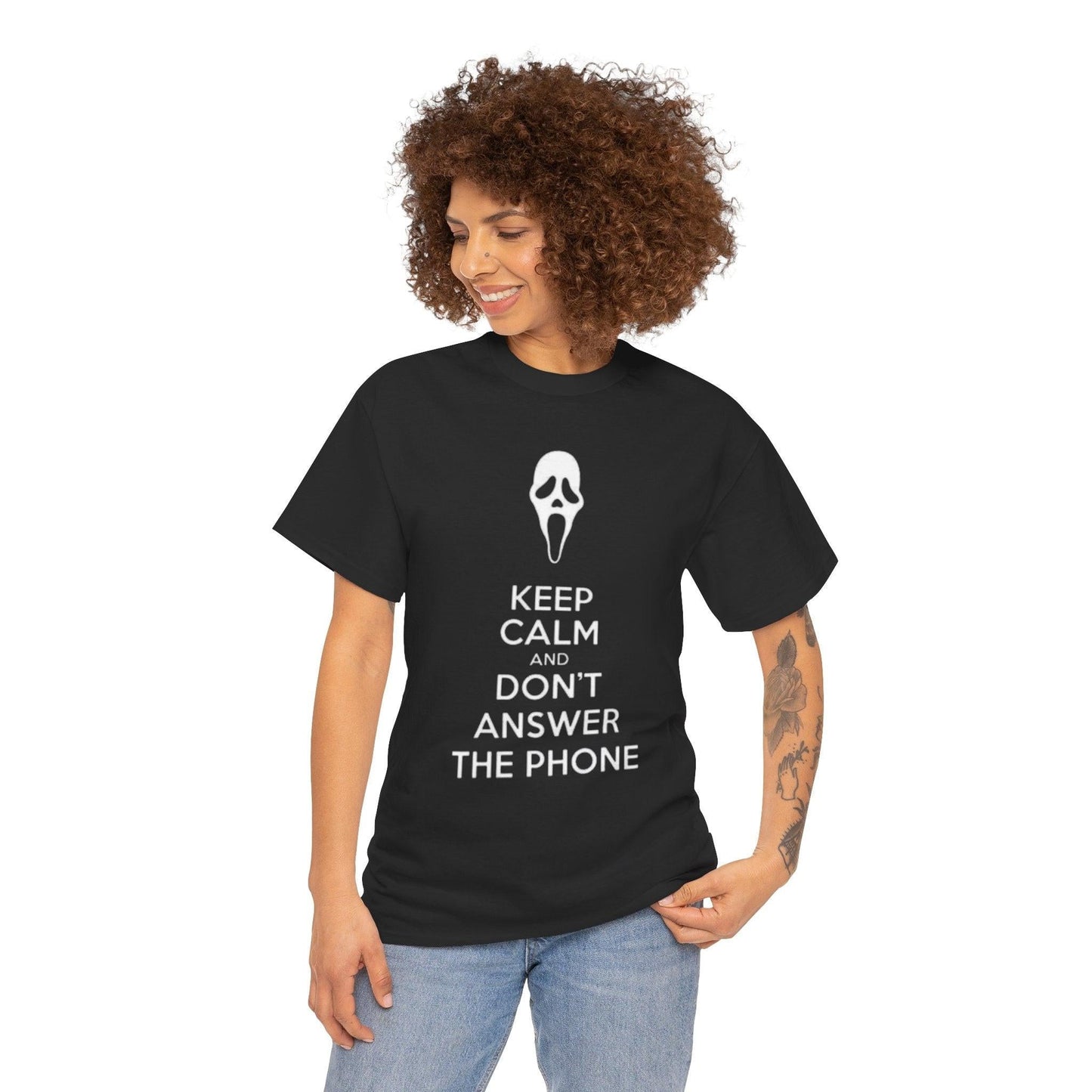 Funny Unisex Heavy Cotton Tee - Keep Calm and Don't Answer the Phone, Halloween Shirt, Gift for Horror Fans, Casual Wear, Movie Night