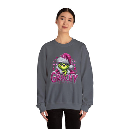 Pink Rhinestone Grinchy Sweatshirt, Holiday Crewneck Jumper, Christmas Sweater,