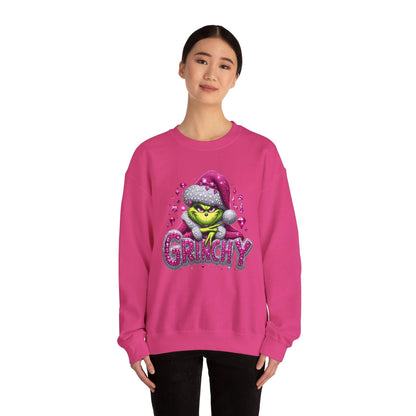 Pink Rhinestone Grinchy Sweatshirt, Holiday Crewneck Jumper, Christmas Sweater,