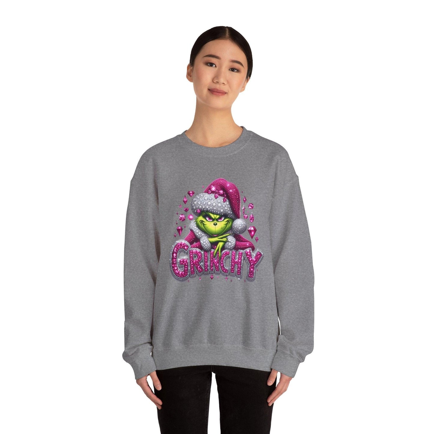 Pink Rhinestone Grinchy Sweatshirt, Holiday Crewneck Jumper, Christmas Sweater,