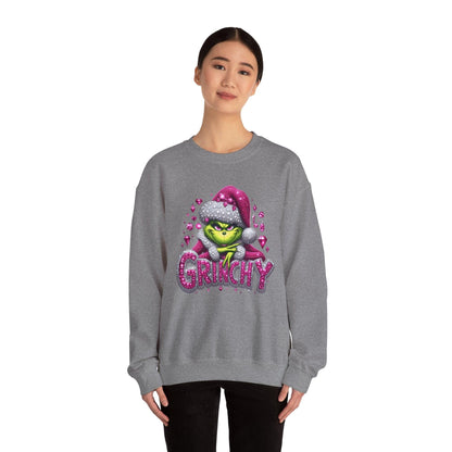 Pink Rhinestone Grinchy Sweatshirt, Holiday Crewneck Jumper, Christmas Sweater,