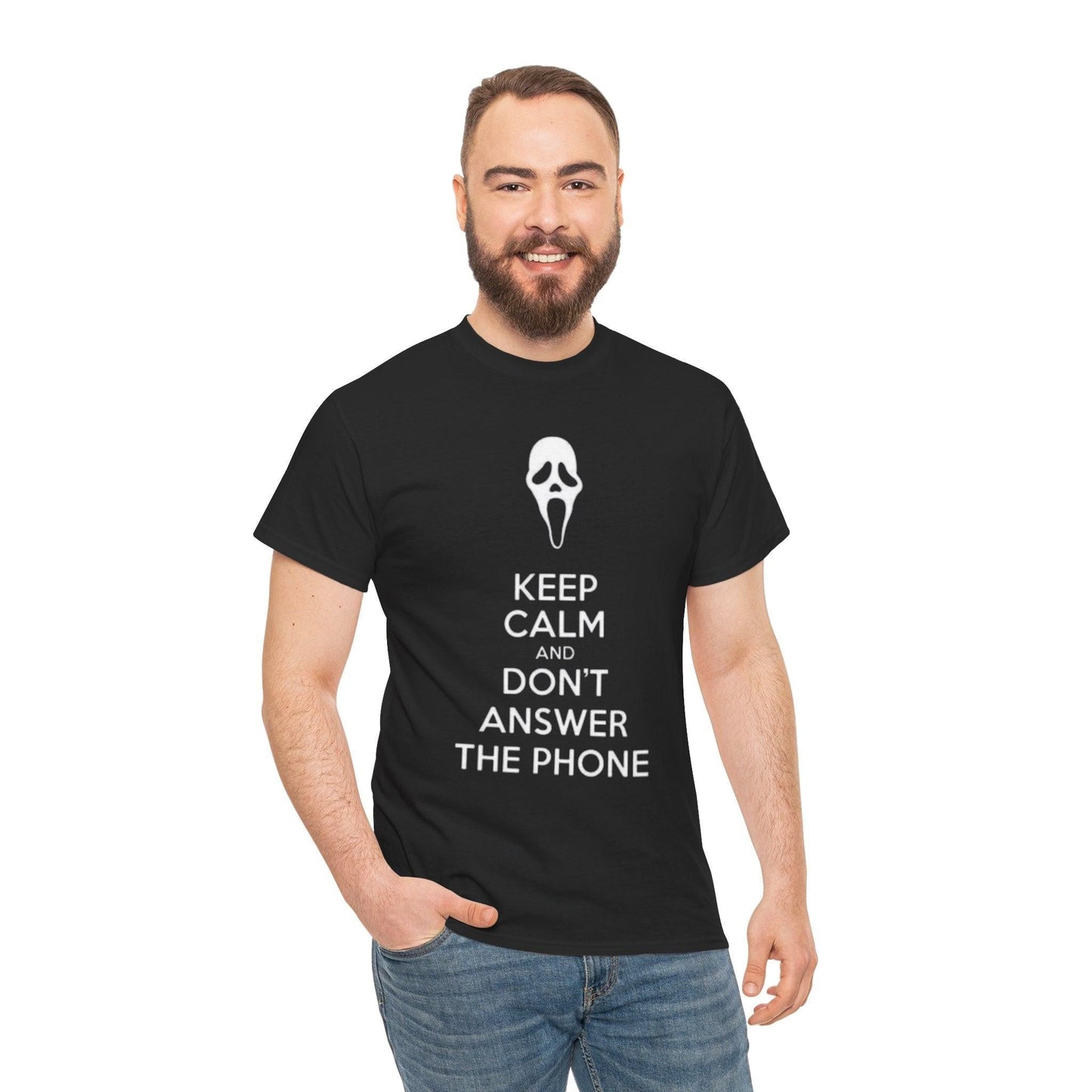 Funny Unisex Heavy Cotton Tee - Keep Calm and Don't Answer the Phone, Halloween Shirt, Gift for Horror Fans, Casual Wear, Movie Night