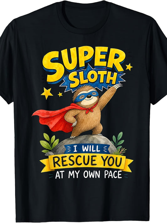 Cartoon Superhero Sloth with Red Cape And Mask T-Shirt