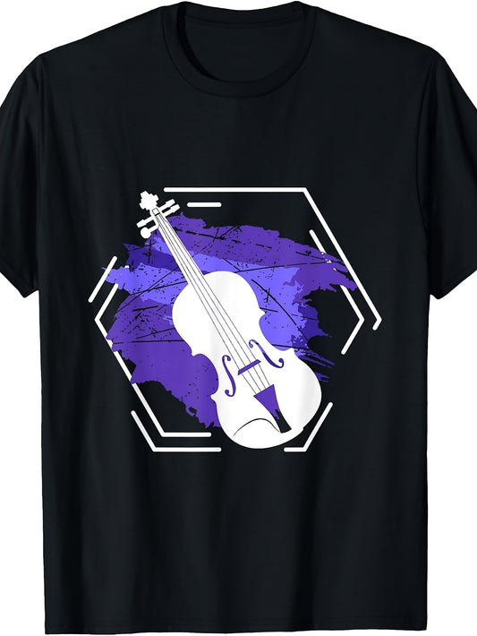 Musician, Purple Violin Art, T-Shirt, Geometric Splash Design, Crew Neck, Casual Wear