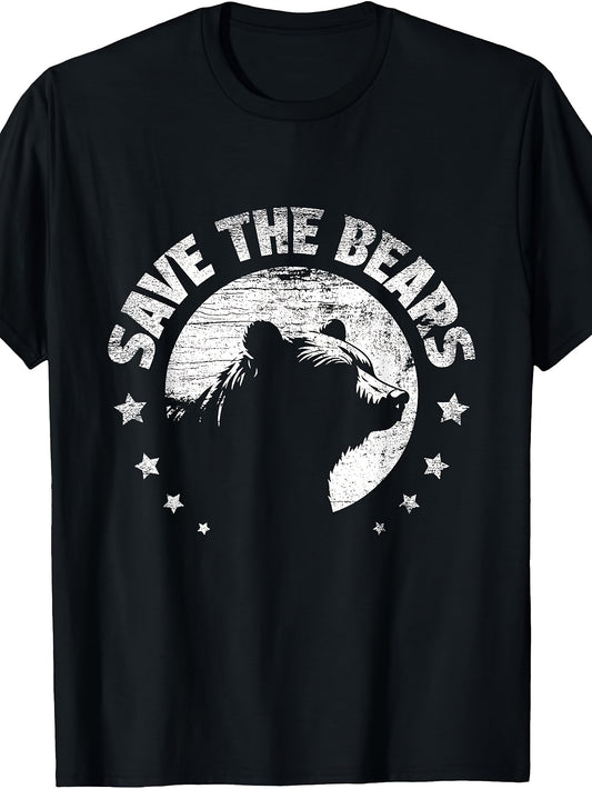 Vintage Retro Style, Men'S And Women'S T-Shirt, Save The Bears Silhouette with Stars Graphic, Casual Summer Outdoor Wear