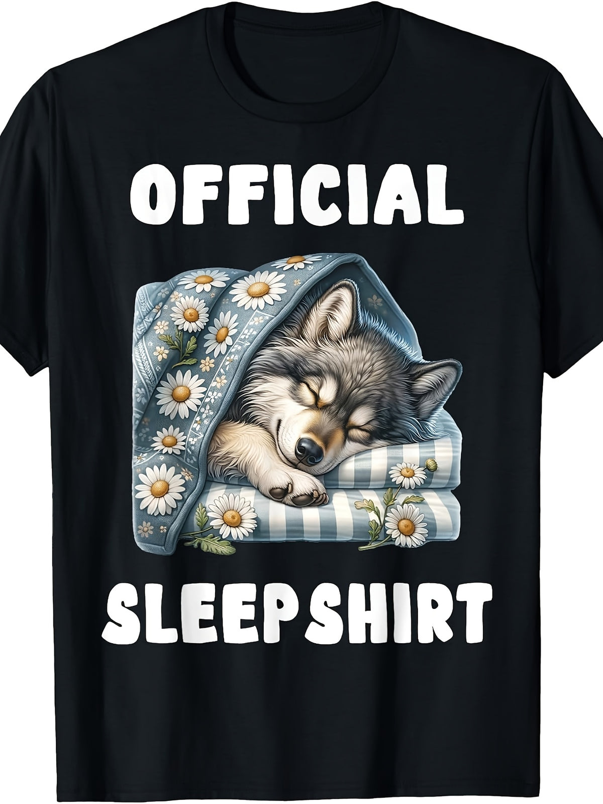Cute, Men's And Women's T-Shirt, Sleeping Wolf with Daisy Blanket And Official Sleep Shirt Text, Casual Daily Wear Spring Summer