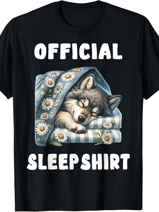 Cute, Men's And Women's T-Shirt, Sleeping Wolf with Daisy Blanket And Official Sleep Shirt Text, Casual Daily Wear Spring Summer