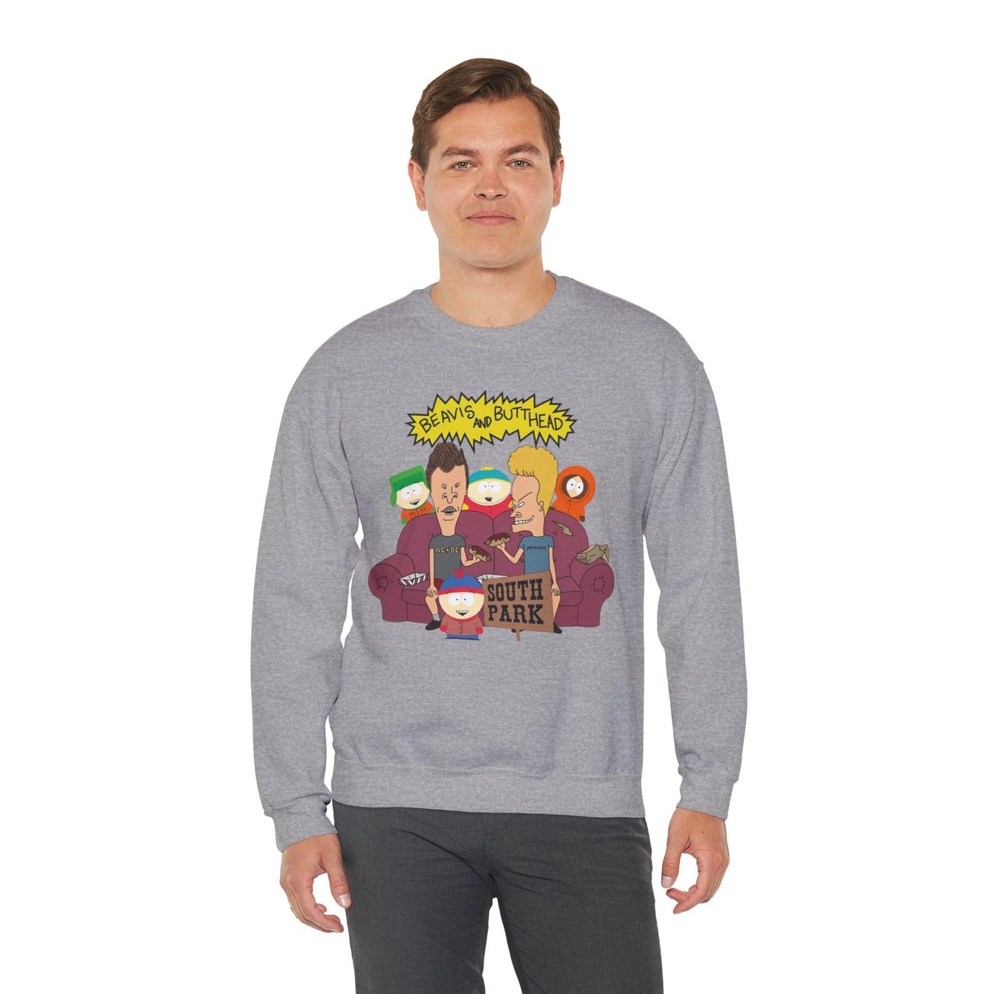 TV Show Mashup Unisex Sweatshirt, Beavis and Butthead meets South Park, Funny Cartoon Crewneck Jumper, Pop Culture Pullover, Retro 90s