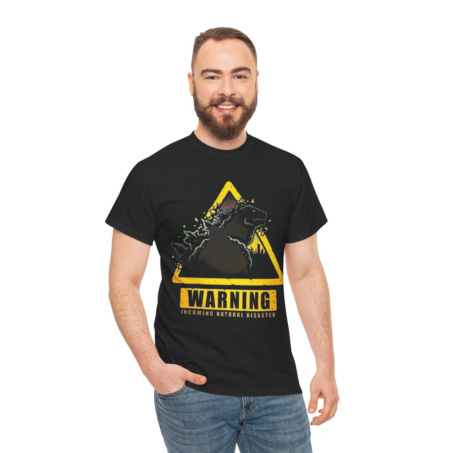 Warning Godzilla T-Shirt, Funny Gift for Fans, Unisex Heavy Cotton Tee, Nature Disaster Tee, Sci-Fi Themed Apparel, Casual Wear