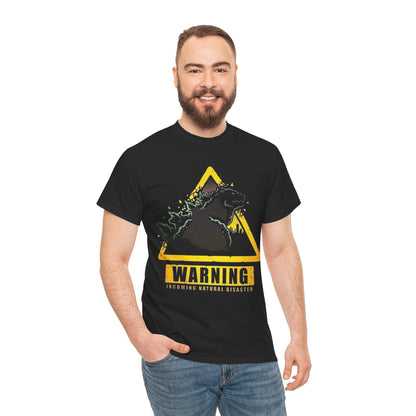 Warning Godzilla T-Shirt, Funny Gift for Fans, Unisex Heavy Cotton Tee, Nature Disaster Tee, Sci-Fi Themed Apparel, Casual Wear