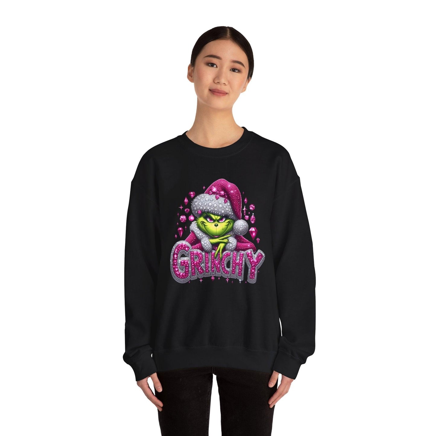 Pink Rhinestone Grinchy Sweatshirt, Holiday Crewneck Jumper, Christmas Sweater,