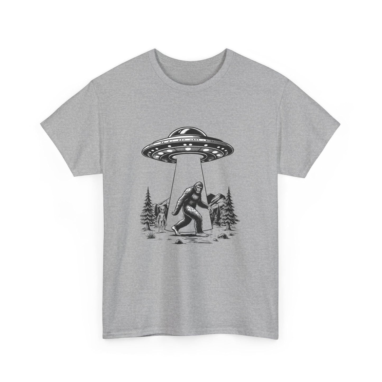 Alien and Big Foot Unisex T-shirt, Sci-Fi Graphic Tee, UFO Lover Shirt, Mythical Creature Top, Extraterrestrial Apparel