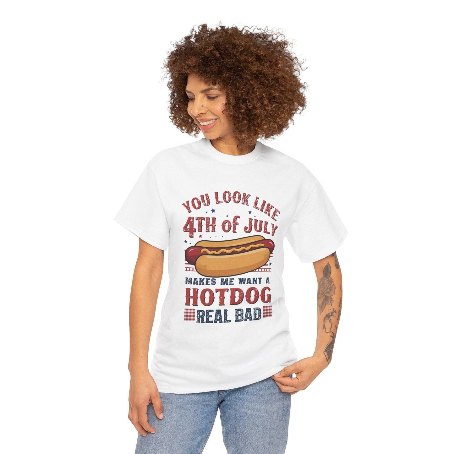 American Flag 4th of July Hotdog Unisex Heavy Cotton Tee - Patriotic Independence Day Shirt, BBQ Graphic Tshirt, USA July Fourth Apparel,