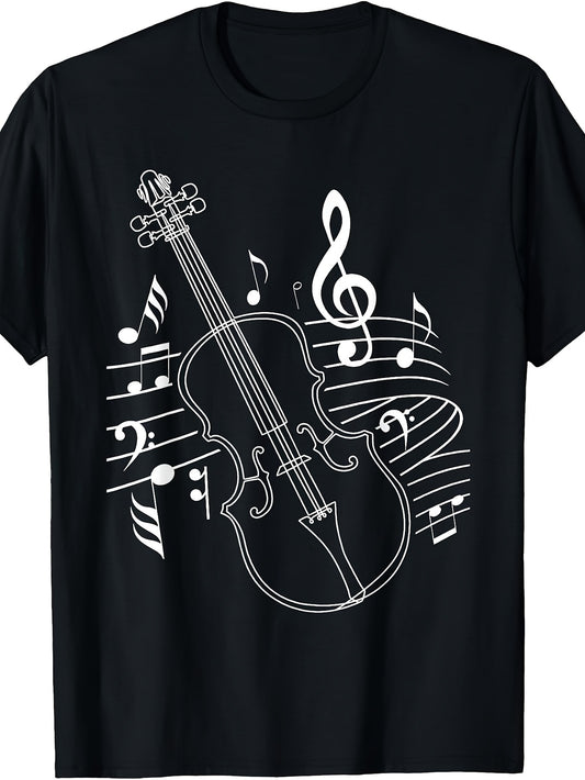 Retro Violin Musical Note T-Shirt - Suitable for Musicians & Music Lovers, Round Neck Regular Fit Tee with Violinist, Machine Washable for Concerts, Practice & Casual Wear - Musician Apparel