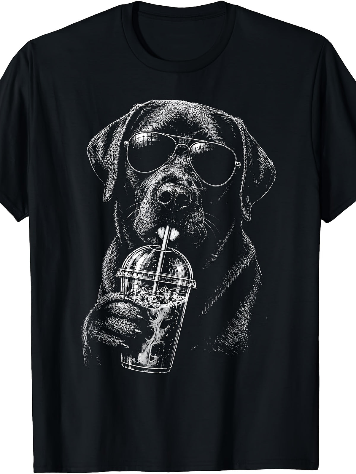 Cool Graphic, Men'S And Women'S T-Shirt, Black Labrador Dog Wearing Sunglasses Drinking Bubble Tea, Summer Casual Wear