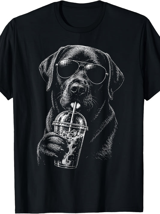 Cool Graphic, Men'S And Women'S T-Shirt, Black Labrador Dog Wearing Sunglasses Drinking Bubble Tea, Summer Casual Wear