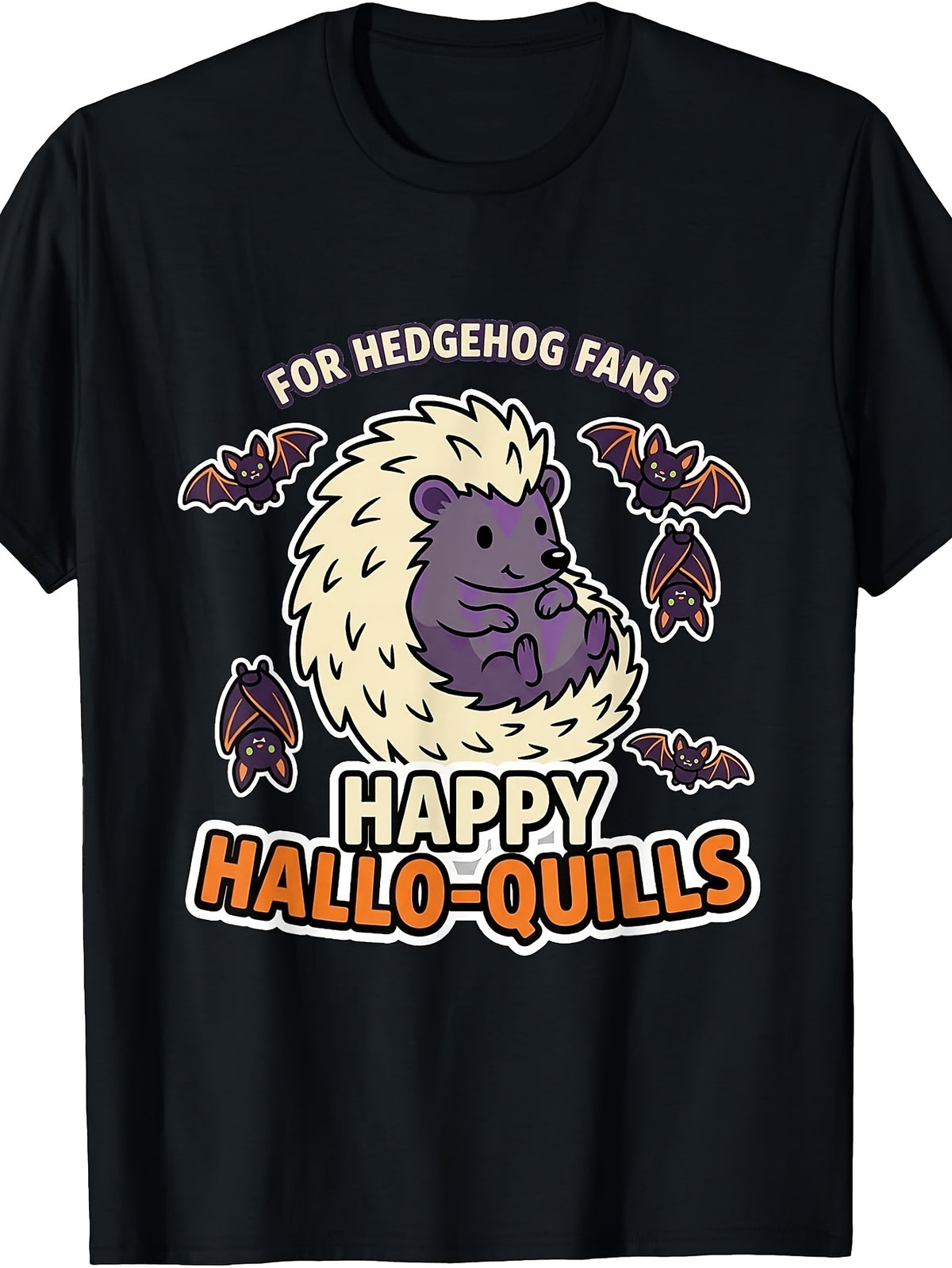 Cute Funny Men's And Women's T-Shirt, Happy Hallo-Quills Hedgehog And Bats Design, Halloween Season