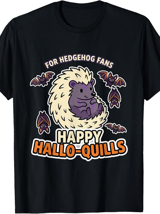 Cute Funny Men's And Women's T-Shirt, Happy Hallo-Quills Hedgehog And Bats Design, Halloween Season