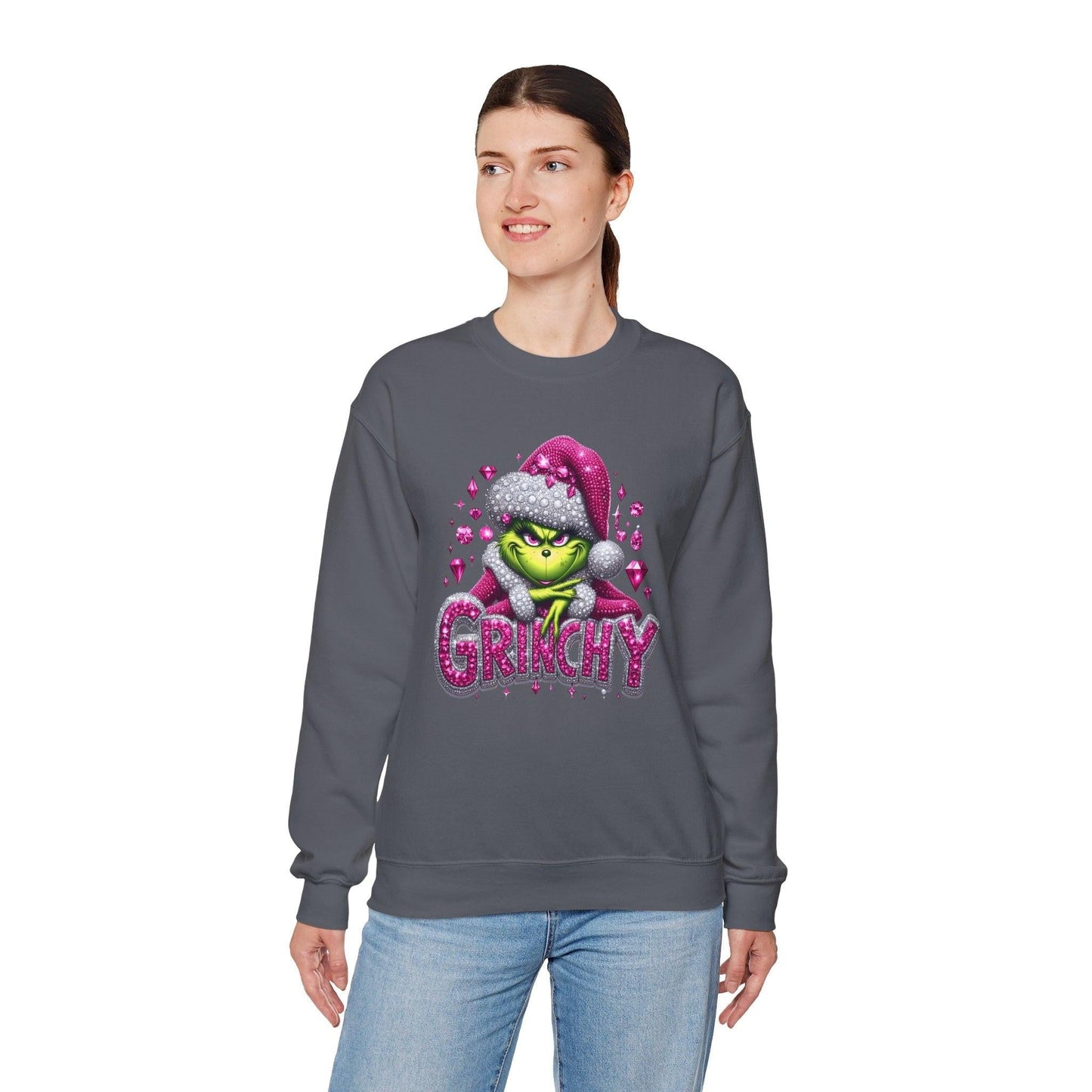 Pink Rhinestone Grinchy Sweatshirt, Holiday Crewneck Jumper, Christmas Sweater,
