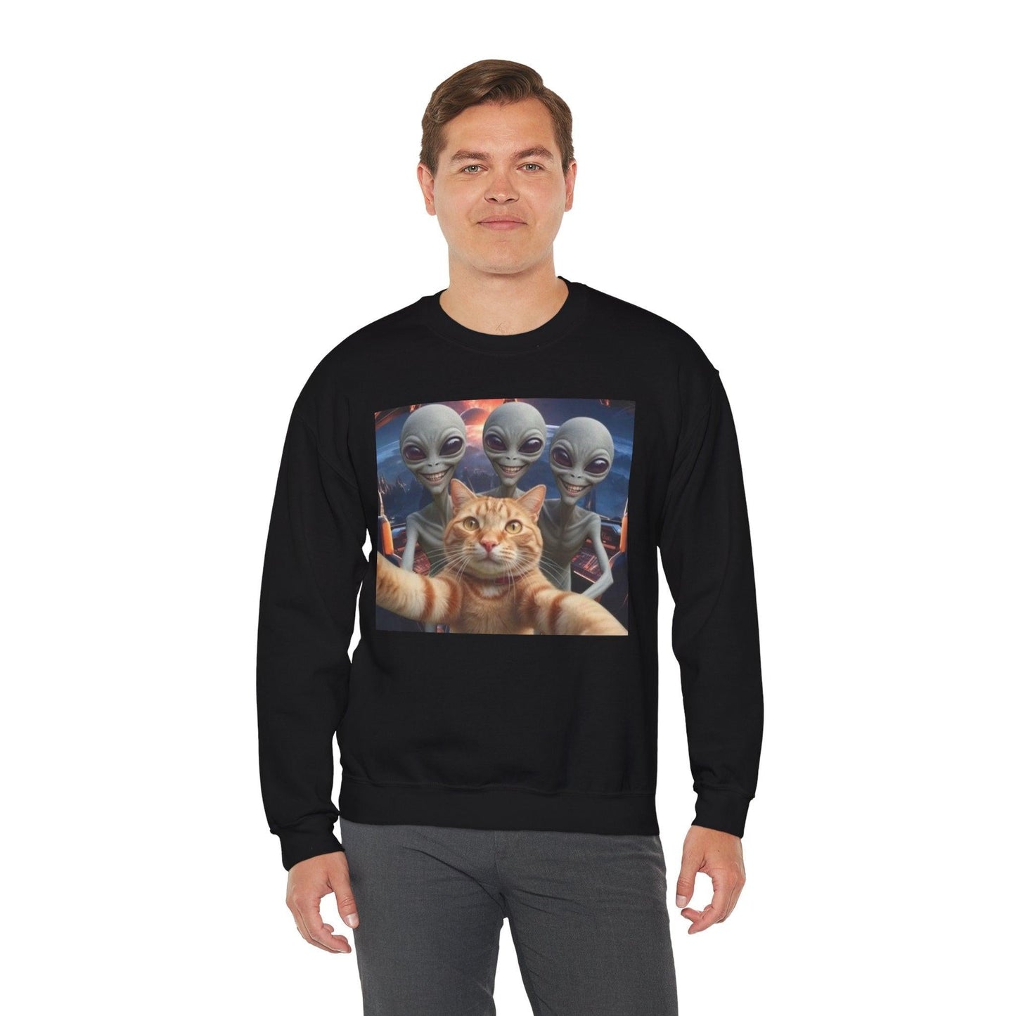 Cat Selfie Space Ship Crewneck Sweatshirt, Funny Cat Lover Gift, Galaxy Cat Graphic Jumper, Cat in Space Shirt, Cat Owner Apparel, Grey Cat