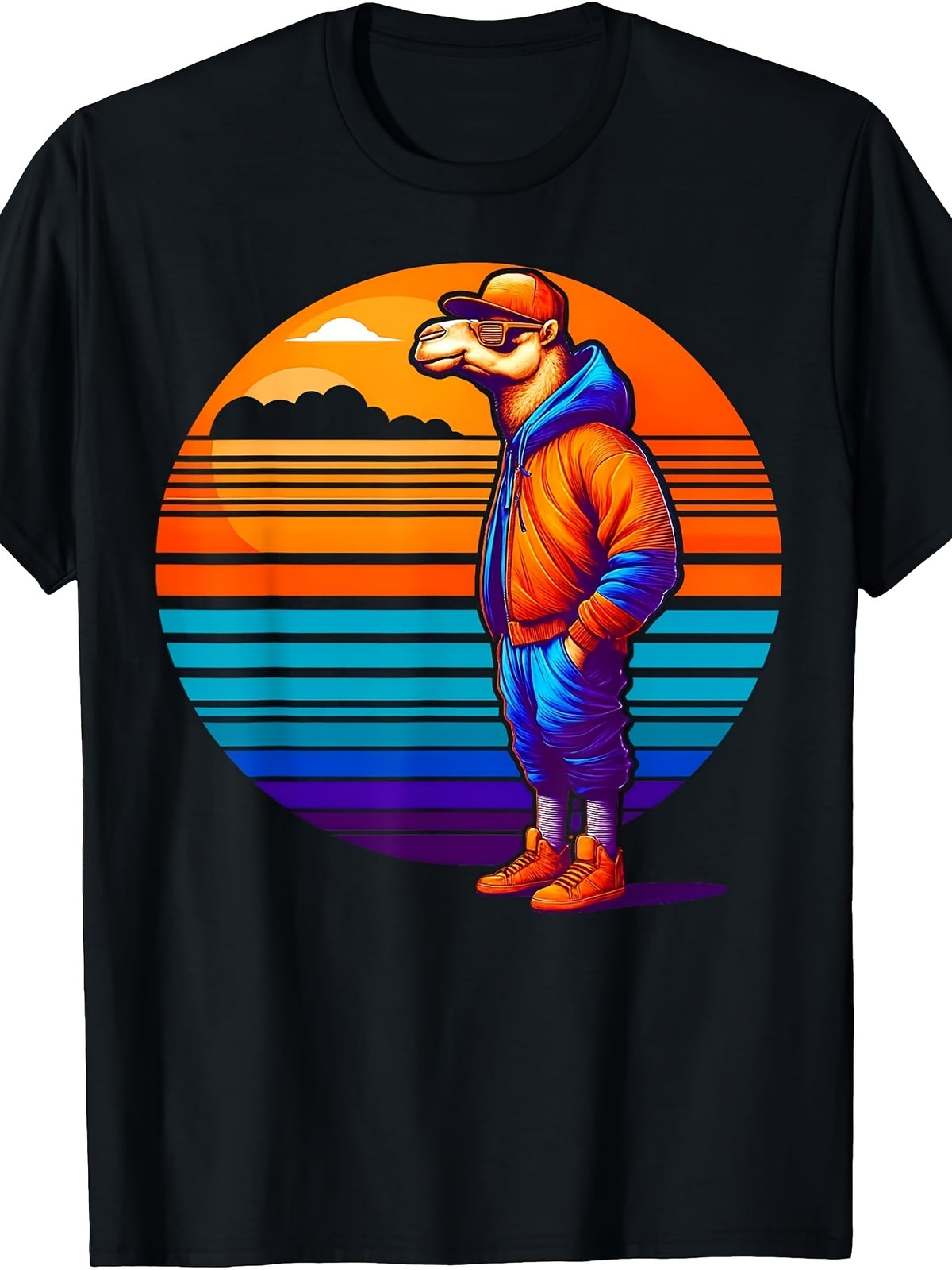 Retro Vintage Style, Men'S And Women'S T-Shirt, Cool Camel Hoodie And Sunglasses with Sunset Stripes Background, Summer Casual Wear, Streetwear Fashion